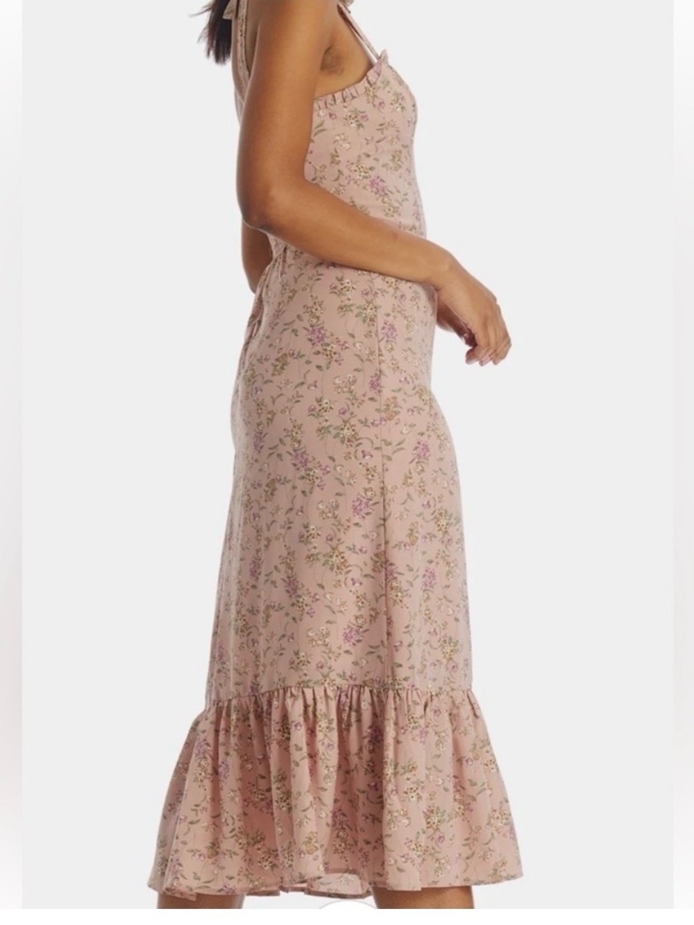 Women’s Pink Floral Tie-Shoulder Midi Dress Summer Feminine Flowly Casual - Picture 3 of 9